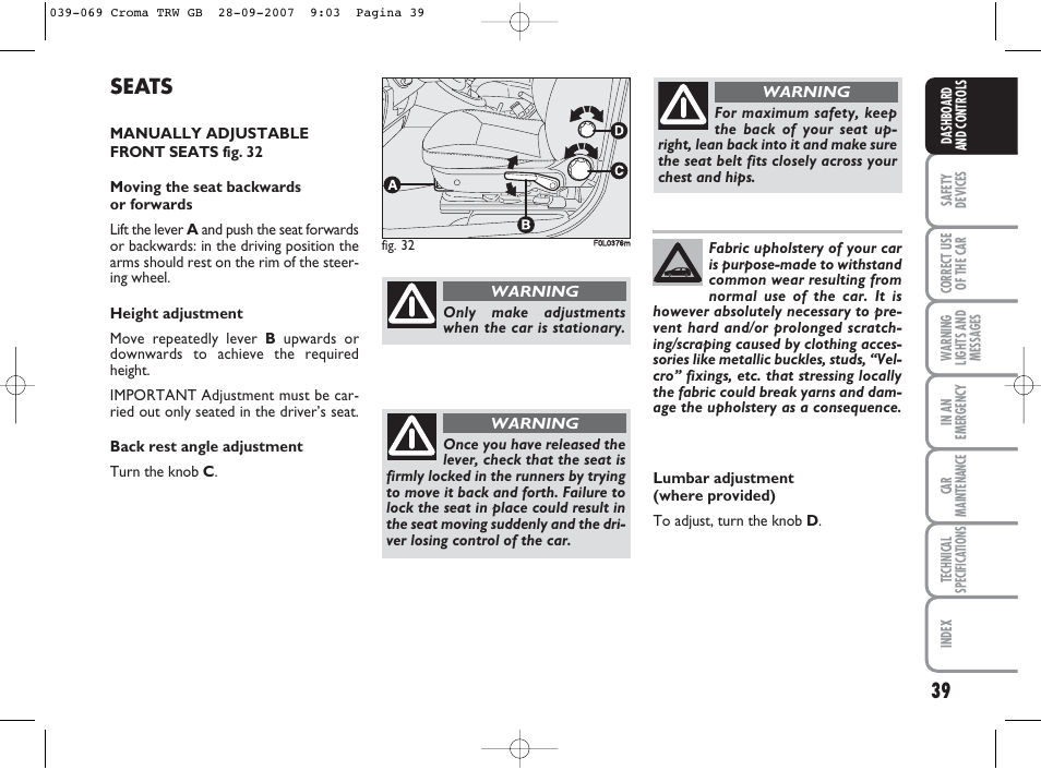 Seats | FIAT Croma User Manual | Page 40 / 258