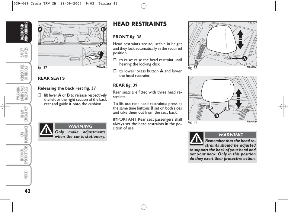 Head restraints | FIAT Croma User Manual | Page 43 / 258