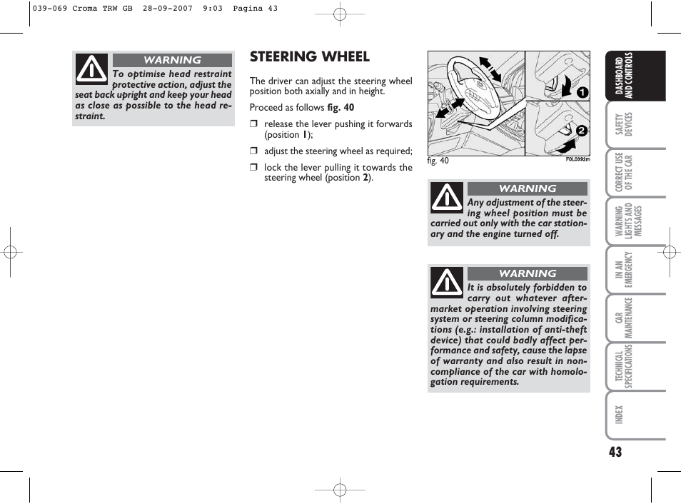 Steering wheel | FIAT Croma User Manual | Page 44 / 258