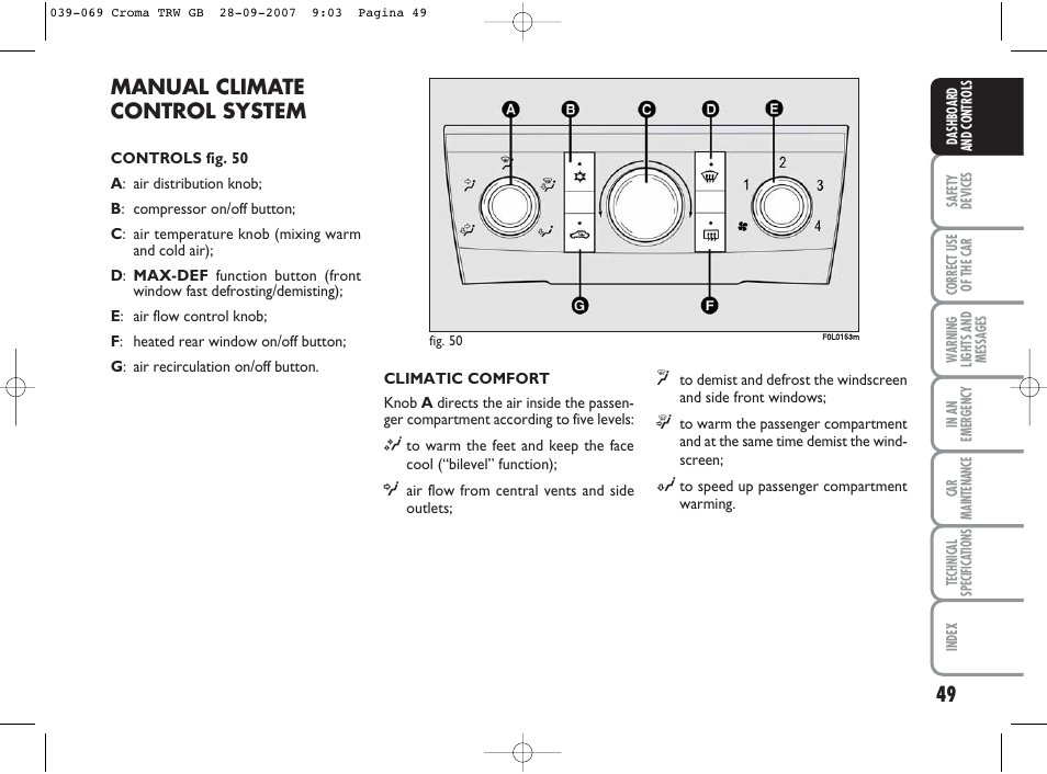 Manual climate control system | FIAT Croma User Manual | Page 50 / 258