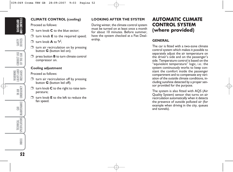 Automatic climate control system (where provided) | FIAT Croma User Manual | Page 53 / 258