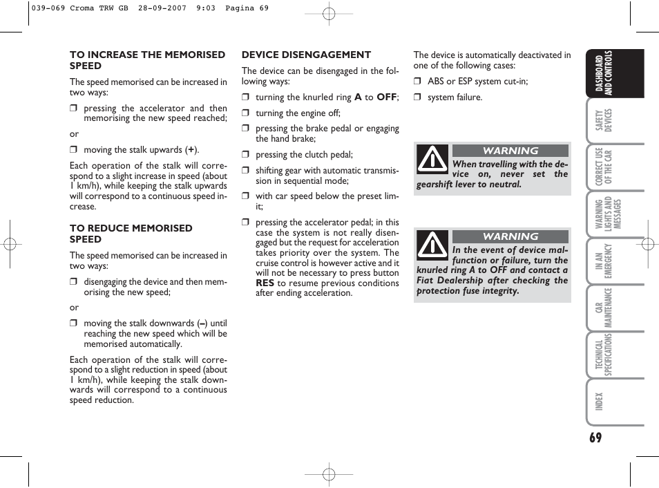 FIAT Croma User Manual | Page 70 / 258