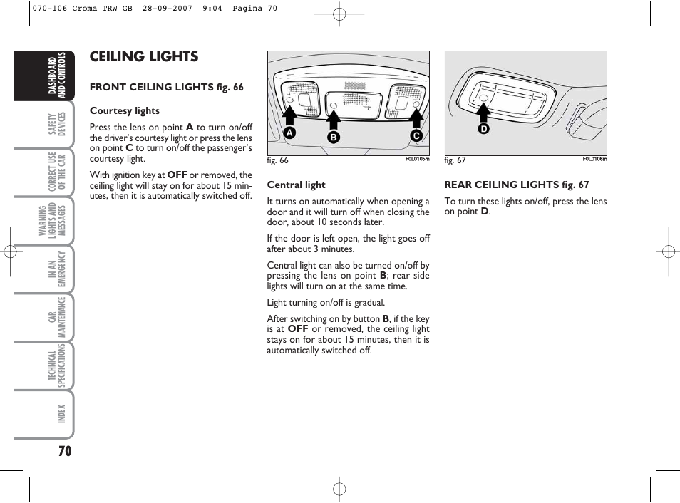 Ceiling lights | FIAT Croma User Manual | Page 71 / 258