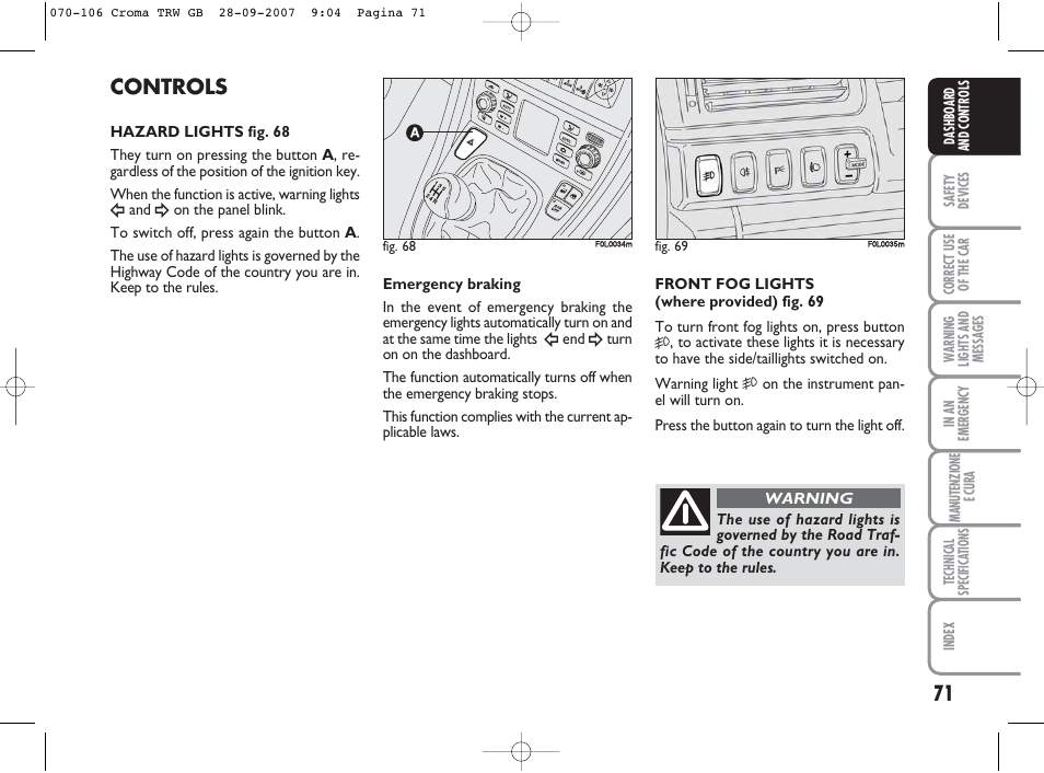 Controls | FIAT Croma User Manual | Page 72 / 258