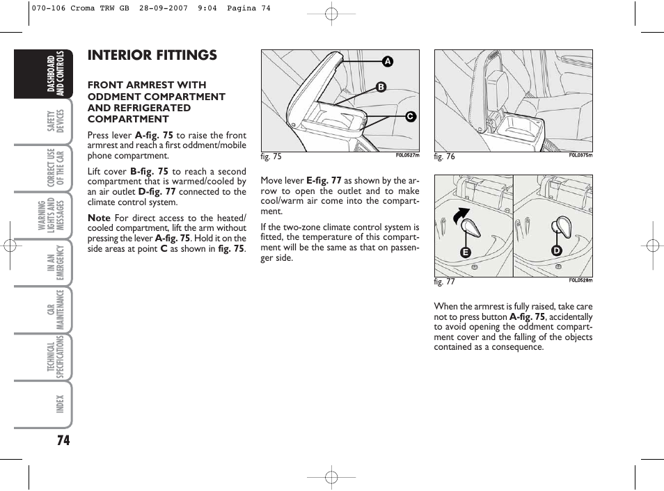 Interior fittings | FIAT Croma User Manual | Page 75 / 258