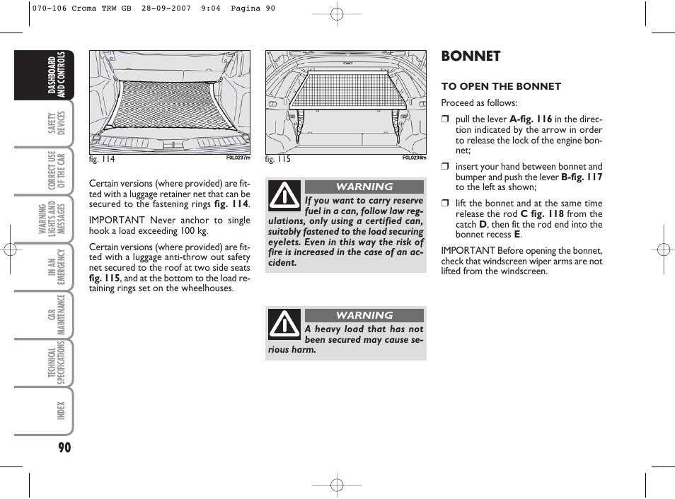 Bonnet | FIAT Croma User Manual | Page 91 / 258