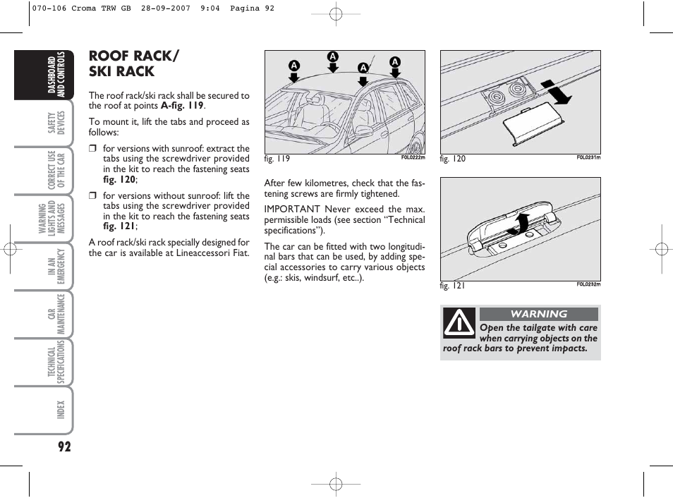 Roof rack/ ski rack | FIAT Croma User Manual | Page 93 / 258