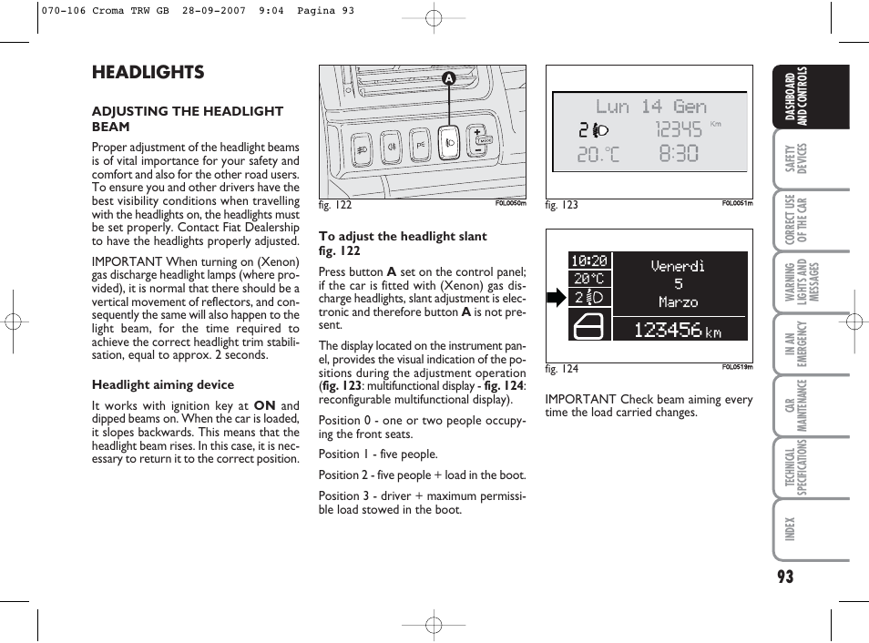 Headlights | FIAT Croma User Manual | Page 94 / 258