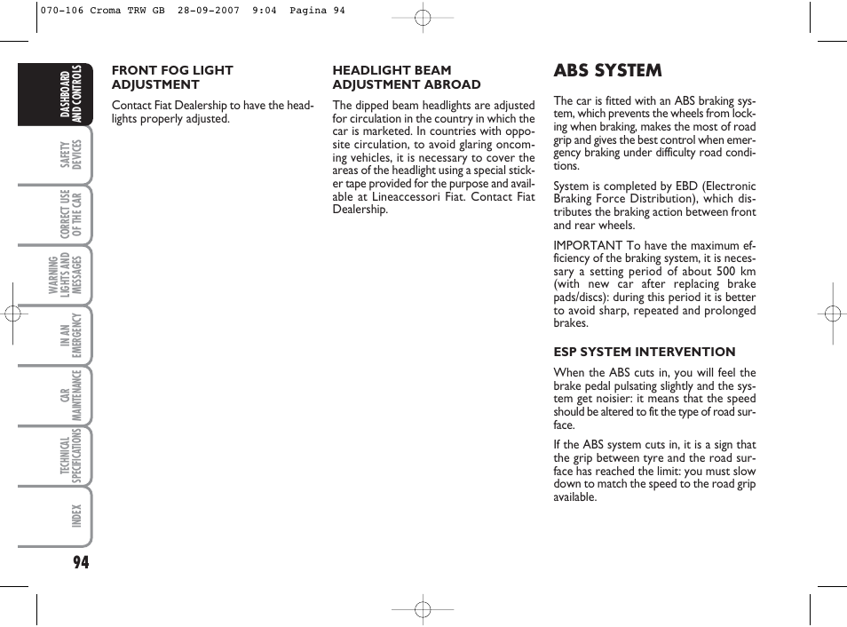 Abs system | FIAT Croma User Manual | Page 95 / 258