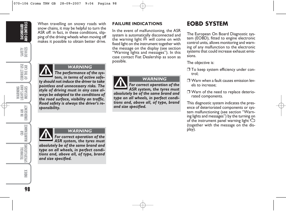 Eobd system | FIAT Croma User Manual | Page 99 / 258