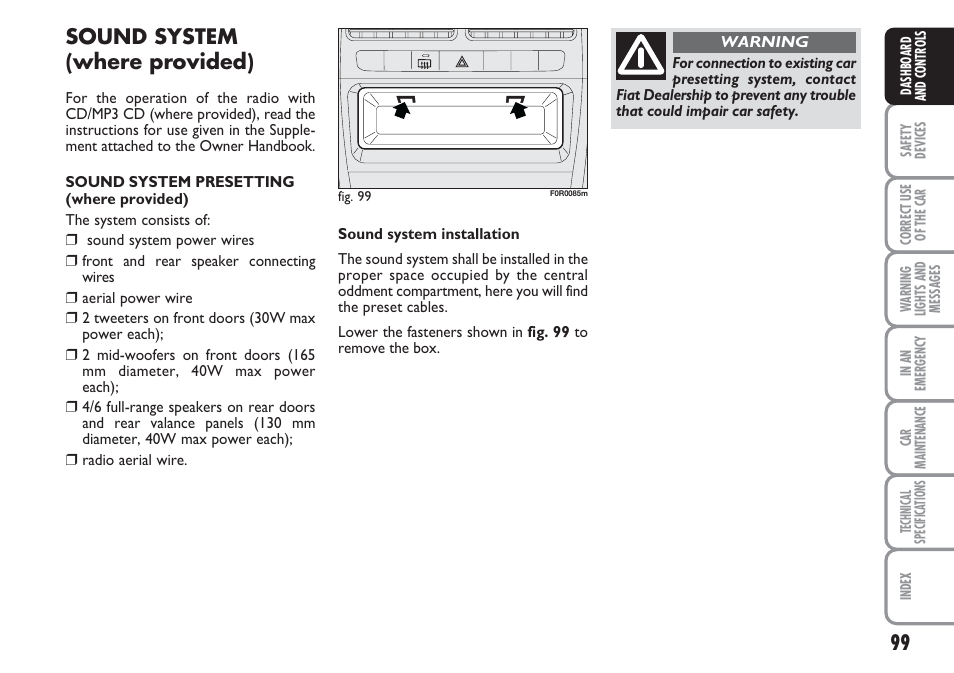 Sound system (where provided) | FIAT Linea User Manual | Page 100 / 230