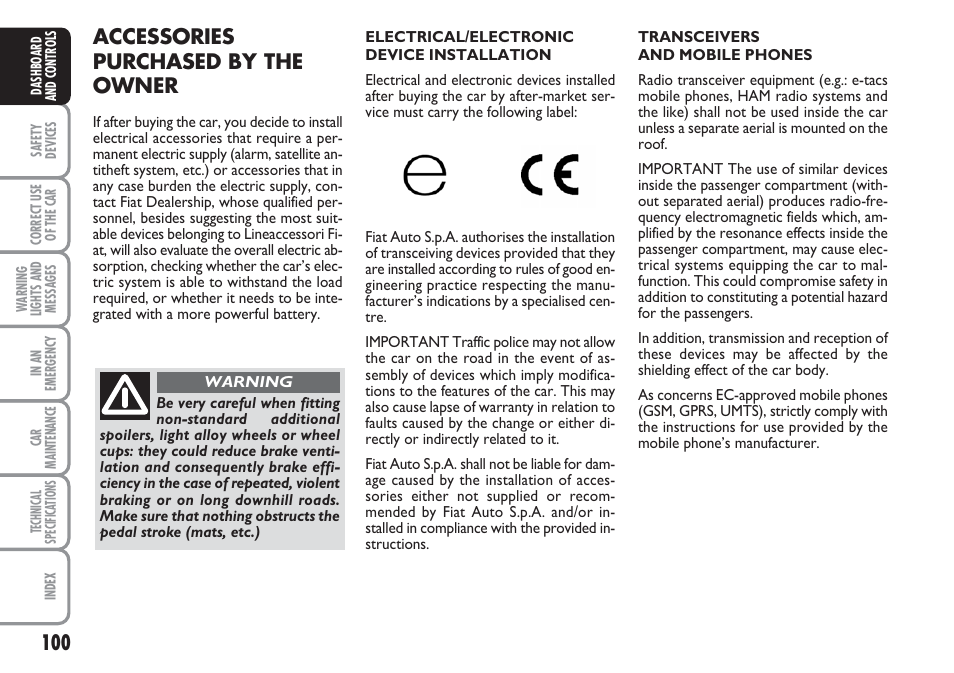 Accessories purchased by the owner | FIAT Linea User Manual | Page 101 / 230