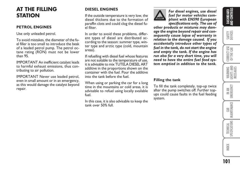 At the filling station | FIAT Linea User Manual | Page 102 / 230