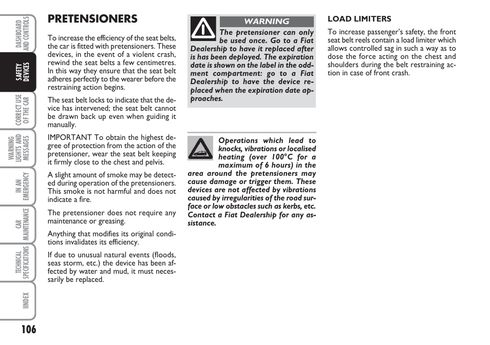 Pretensioners | FIAT Linea User Manual | Page 107 / 230