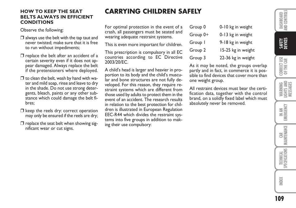 Carrying children safely | FIAT Linea User Manual | Page 110 / 230