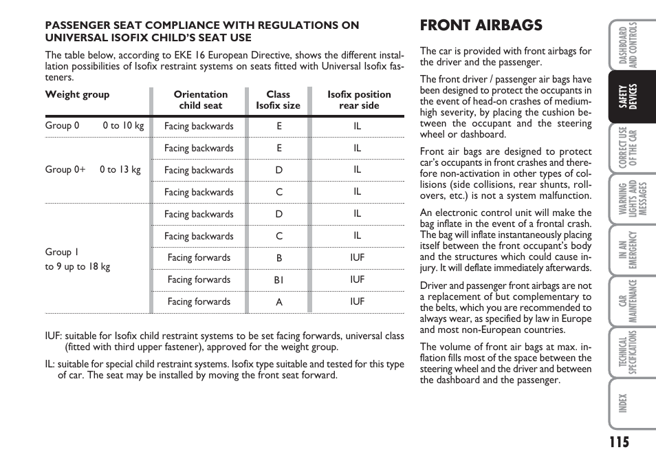 Front airbags | FIAT Linea User Manual | Page 116 / 230