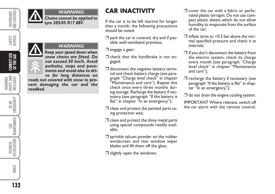 Car inactivity | FIAT Linea User Manual | Page 133 / 230