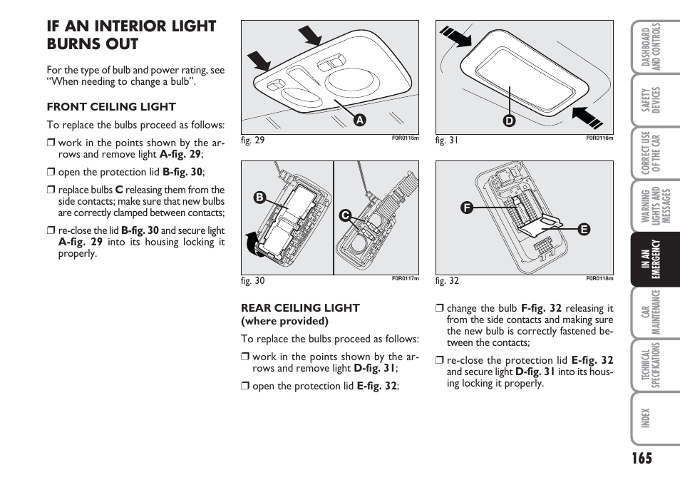 If an interior light burns out | FIAT Linea User Manual | Page 166 / 230