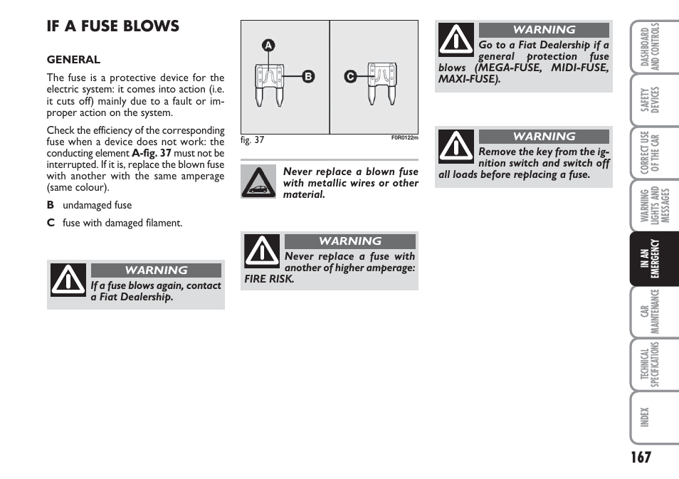 If a fuse blows | FIAT Linea User Manual | Page 168 / 230