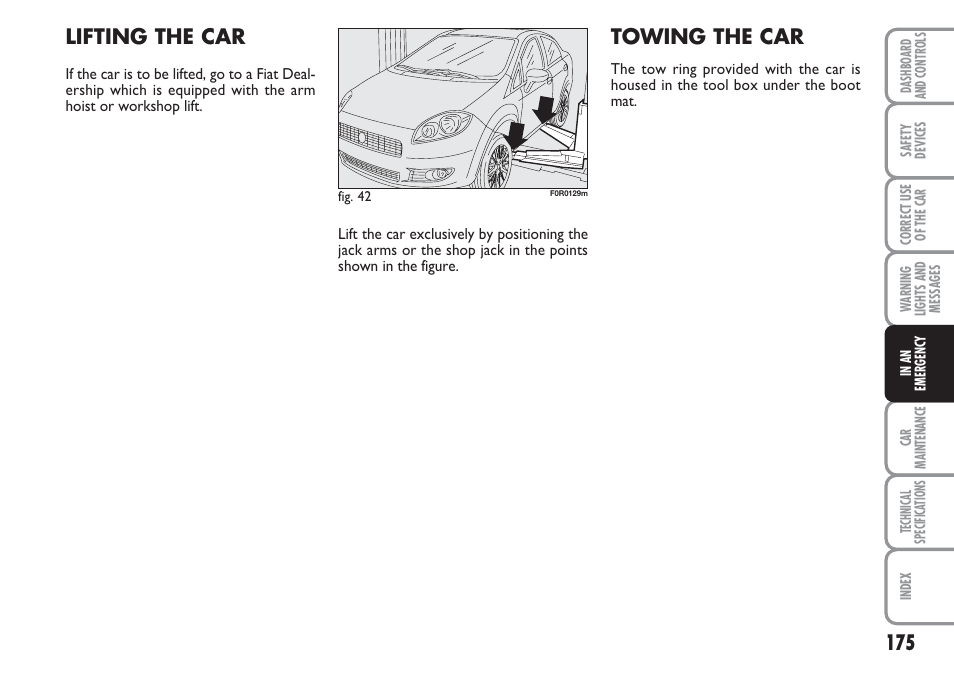 Lifting the car, Towing the car | FIAT Linea User Manual | Page 176 / 230