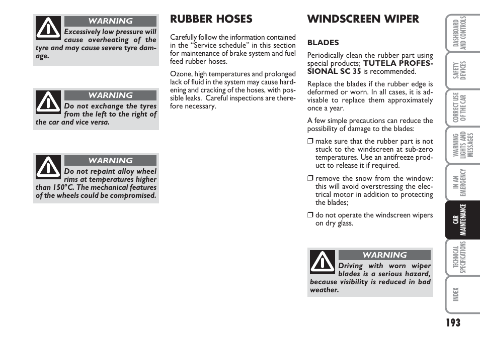 Windscreen wiper, Rubber hoses | FIAT Linea User Manual | Page 194 / 230