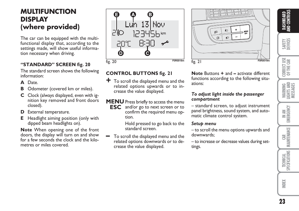 Multifunction display (where provided), Menu esc | FIAT Linea User Manual | Page 24 / 230