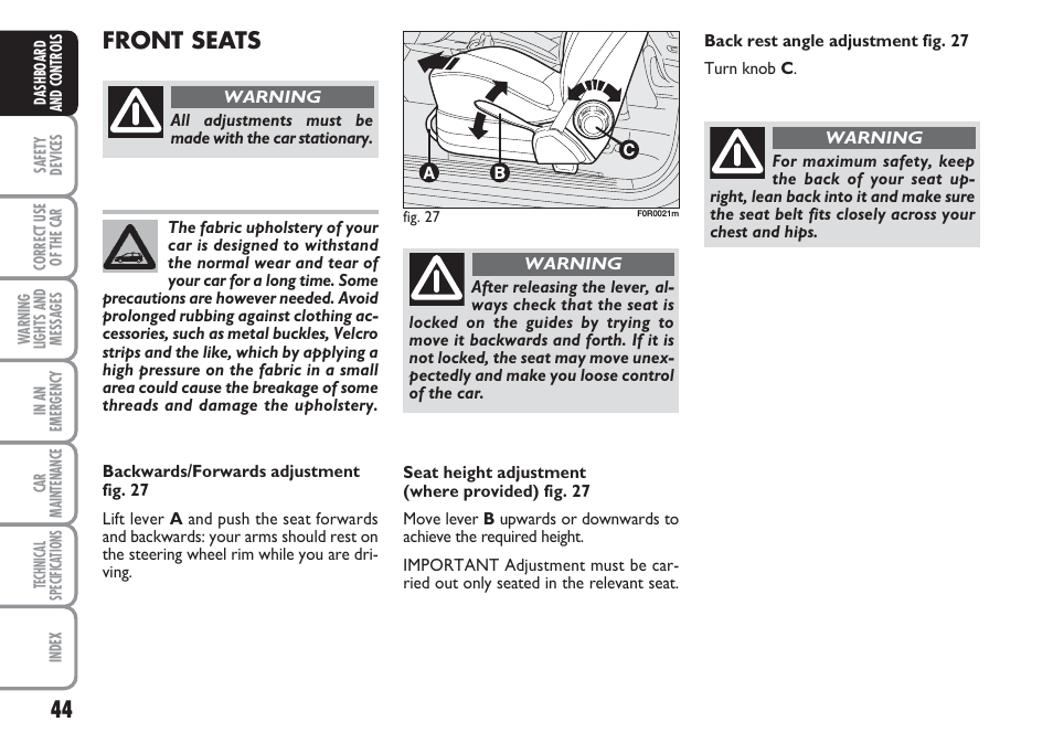 Front seats | FIAT Linea User Manual | Page 45 / 230