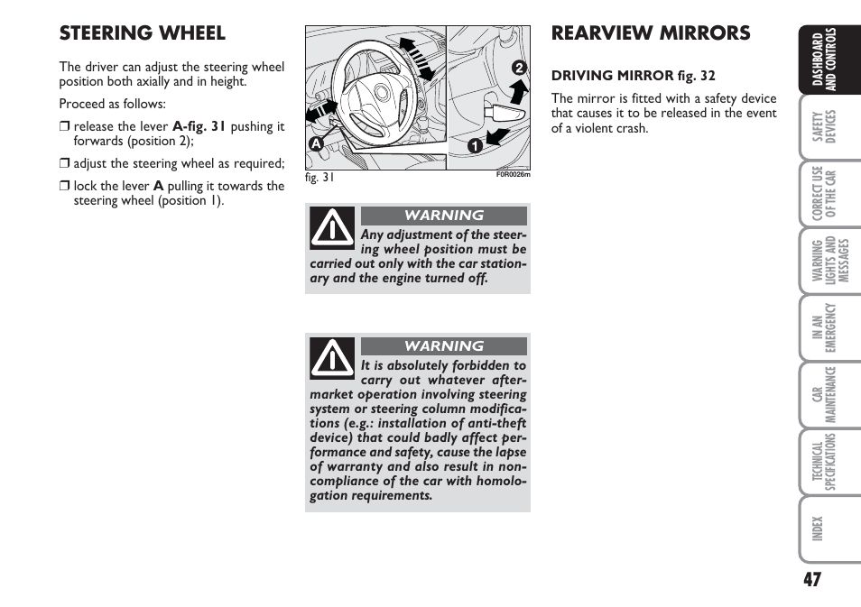 Rearview mirrors, Steering wheel | FIAT Linea User Manual | Page 48 / 230