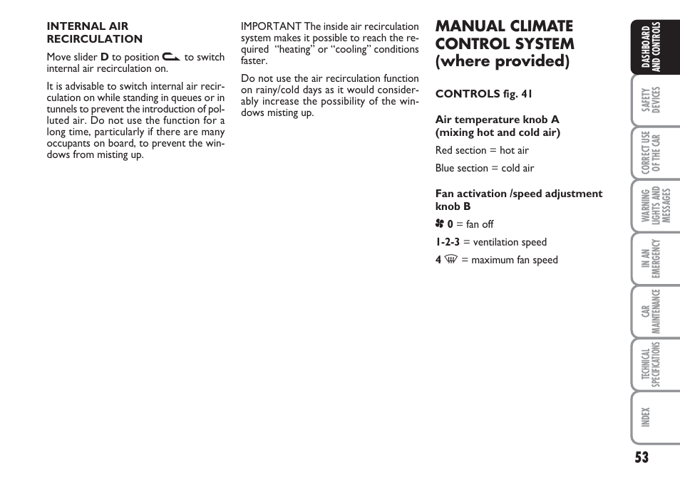 Manual climate control system (where provided) | FIAT Linea User Manual | Page 54 / 230