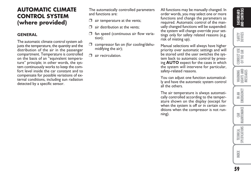 Automatic climate control system (where provided) | FIAT Linea User Manual | Page 60 / 230