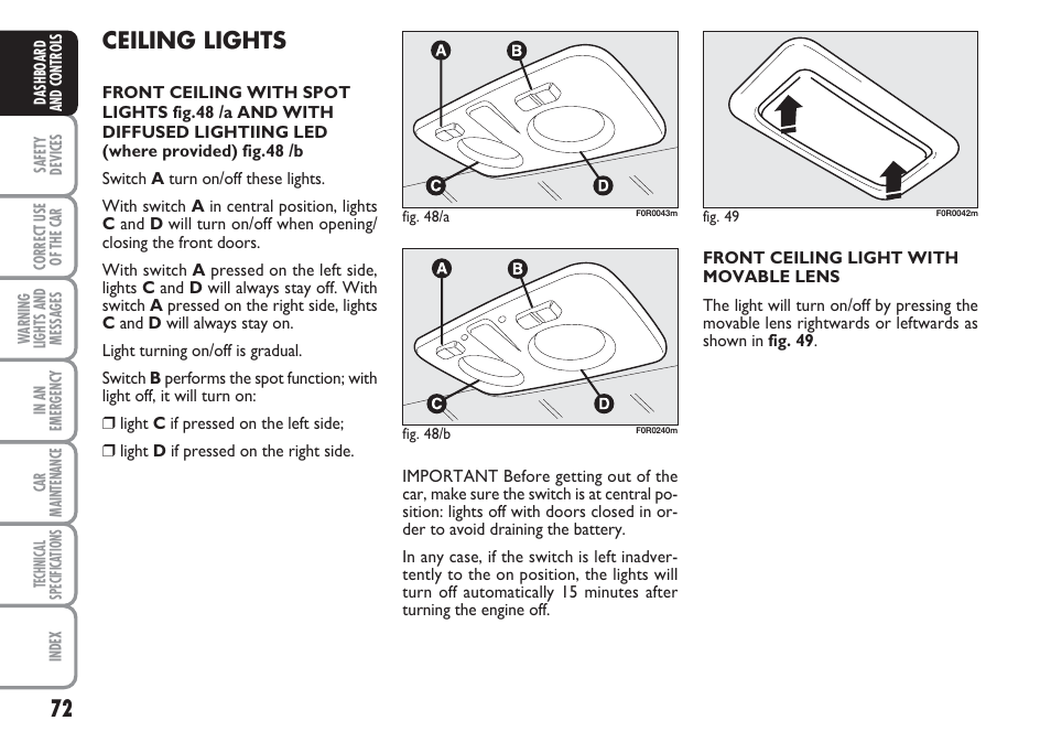 Ceiling lights | FIAT Linea User Manual | Page 73 / 230