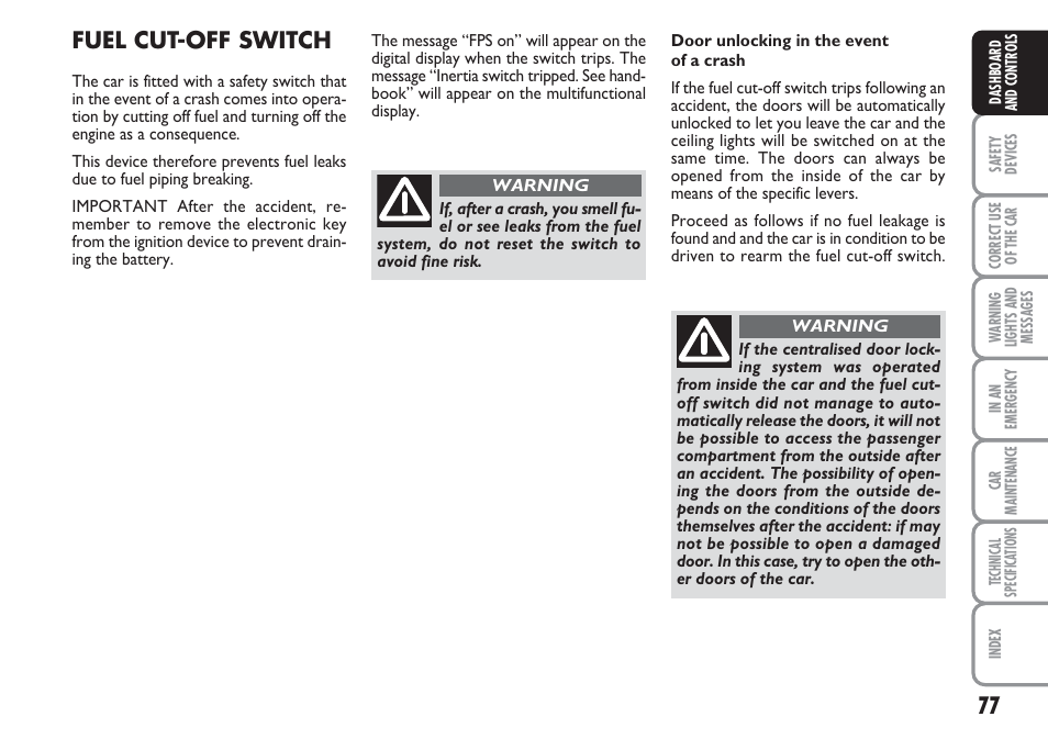 Fuel cut-off switch | FIAT Linea User Manual | Page 78 / 230