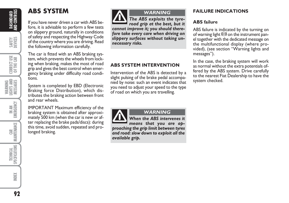 Abs system | FIAT Linea User Manual | Page 93 / 230