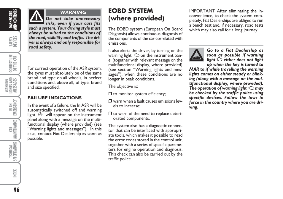 Eobd system (where provided) | FIAT Linea User Manual | Page 97 / 230