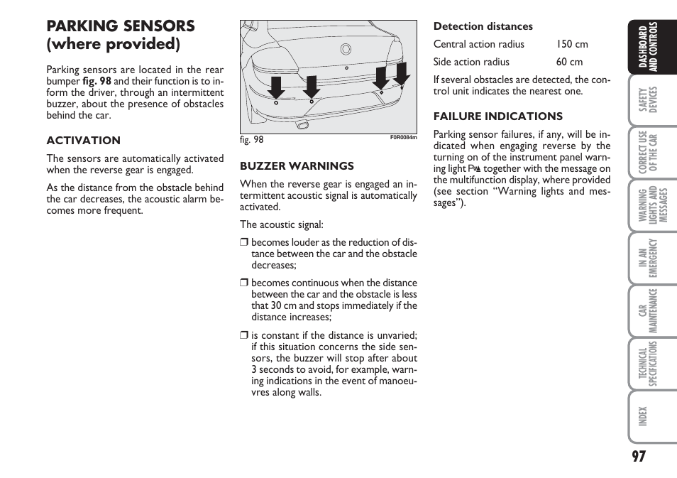 Parking sensors (where provided) | FIAT Linea User Manual | Page 98 / 230