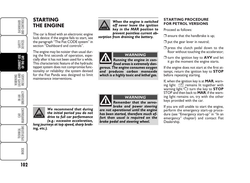 Starting the engine | FIAT Panda Classic User Manual | Page 104 / 207