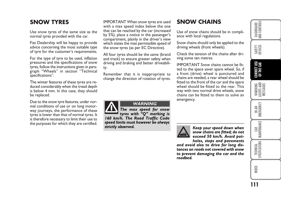 Snow chains, Snow tyres | FIAT Panda Classic User Manual | Page 113 / 207