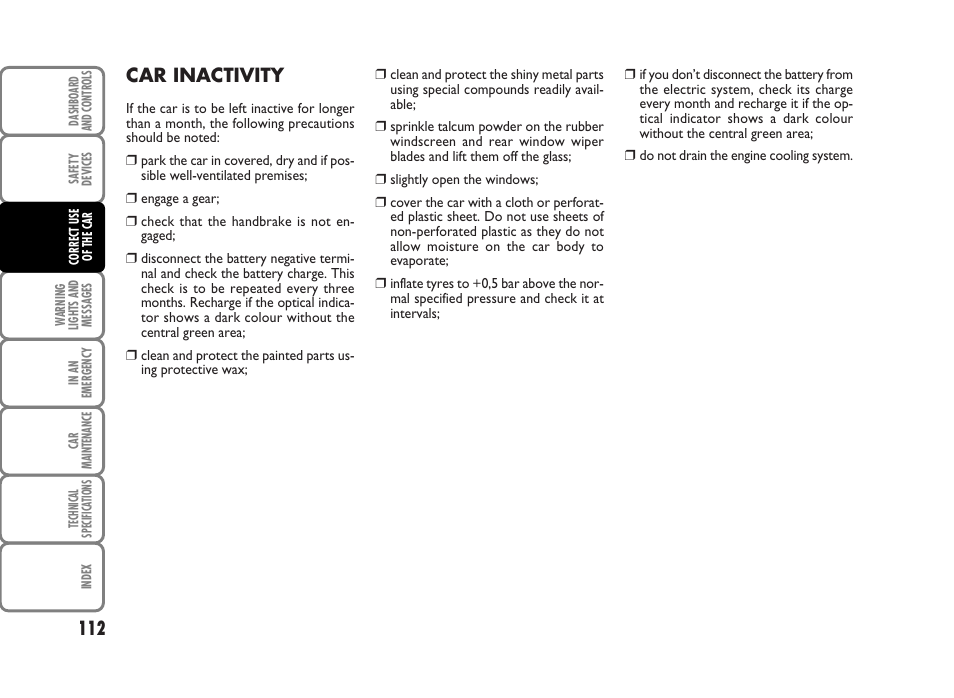 Car inactivity | FIAT Panda Classic User Manual | Page 114 / 207