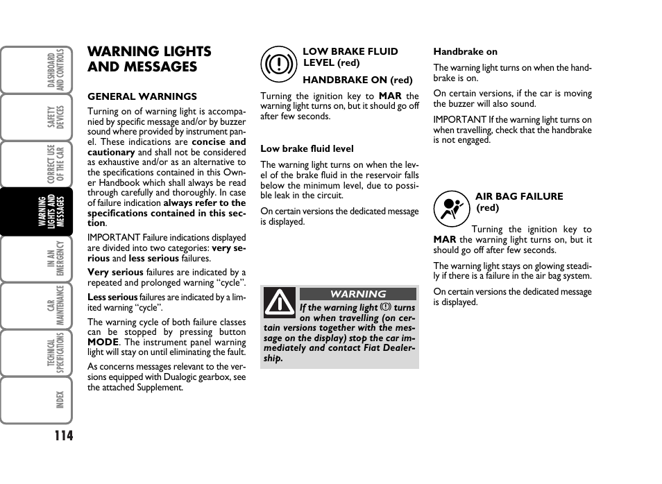 Warning lights and messages | FIAT Panda Classic User Manual | Page 116 / 207