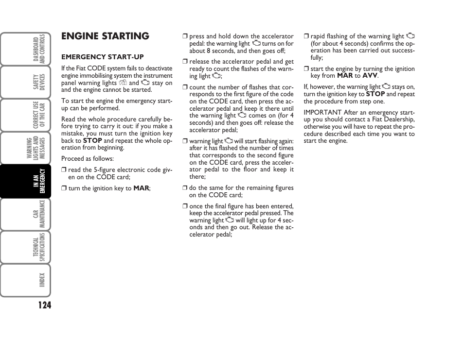 Engine starting | FIAT Panda Classic User Manual | Page 126 / 207