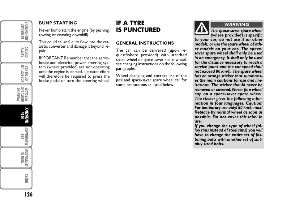 If a tyre is punctured | FIAT Panda Classic User Manual | Page 128 / 207