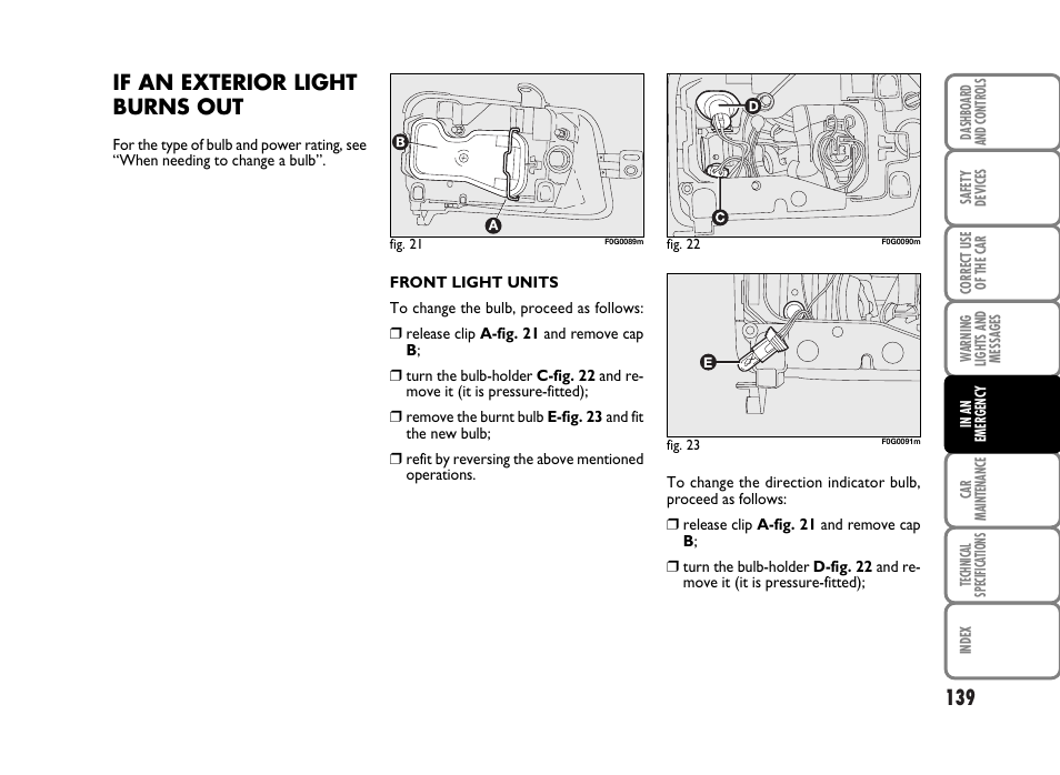 If an exterior light burns out | FIAT Panda Classic User Manual | Page 141 / 207