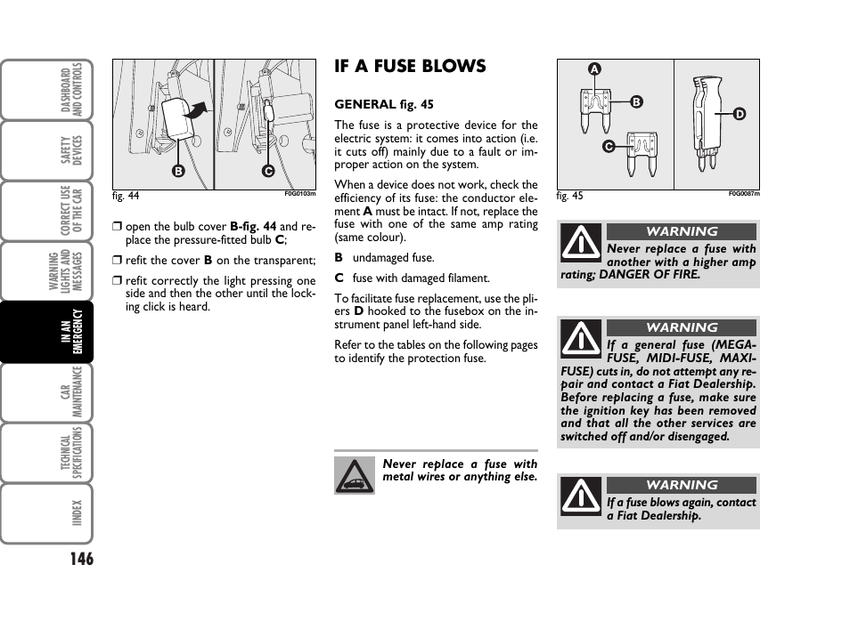 If a fuse blows | FIAT Panda Classic User Manual | Page 148 / 207