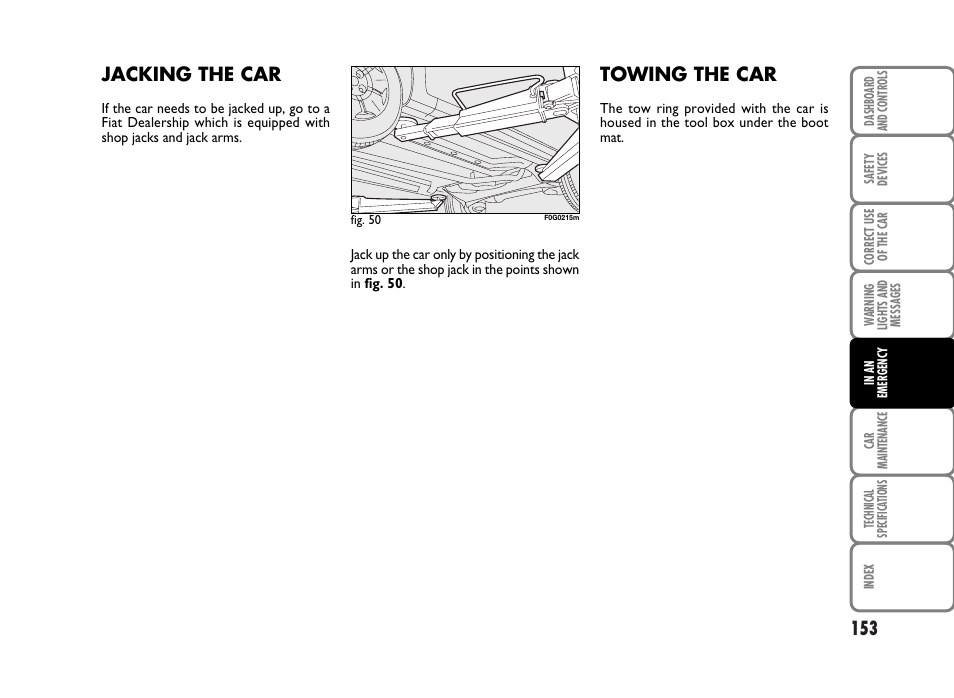 Jacking the car, Towing the car | FIAT Panda Classic User Manual | Page 155 / 207