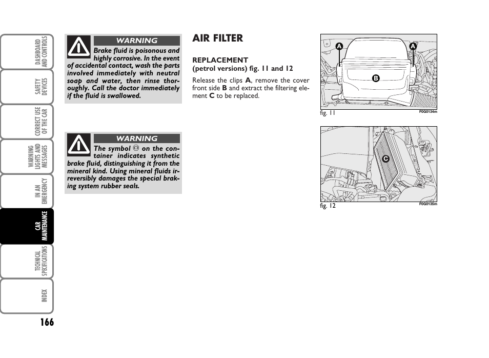 Air filter | FIAT Panda Classic User Manual | Page 168 / 207