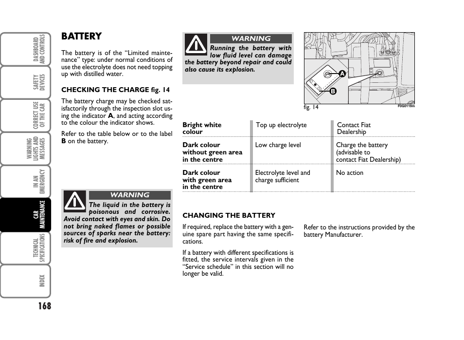 Battery | FIAT Panda Classic User Manual | Page 170 / 207