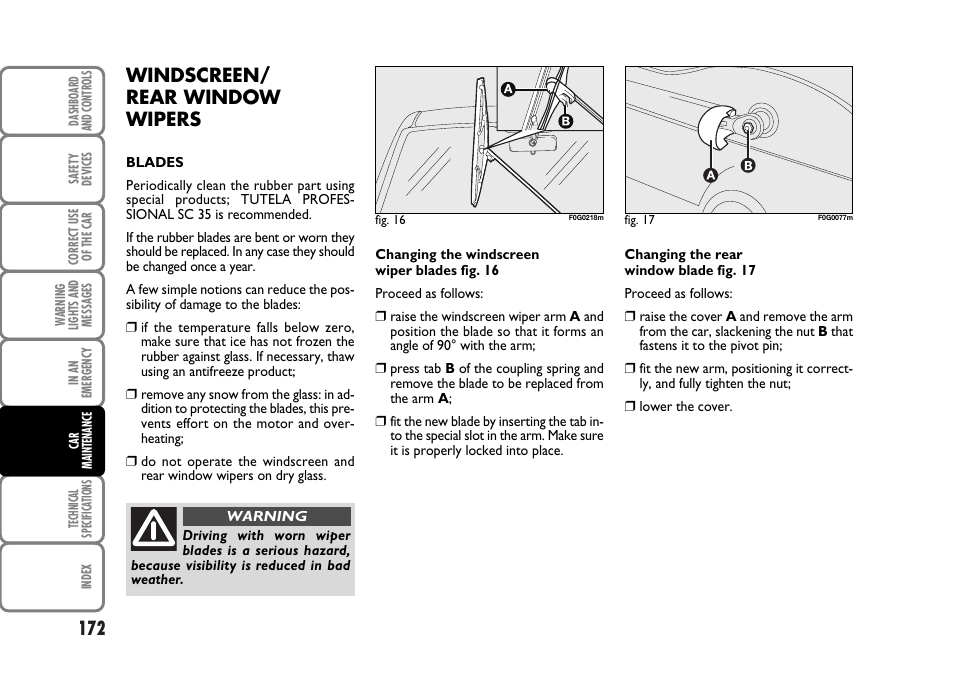 Windscreen/ rear window wipers | FIAT Panda Classic User Manual | Page 174 / 207