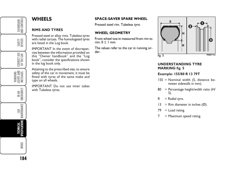 Wheels | FIAT Panda Classic User Manual | Page 186 / 207