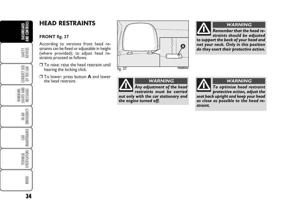 Head restraints | FIAT Panda Classic User Manual | Page 36 / 207