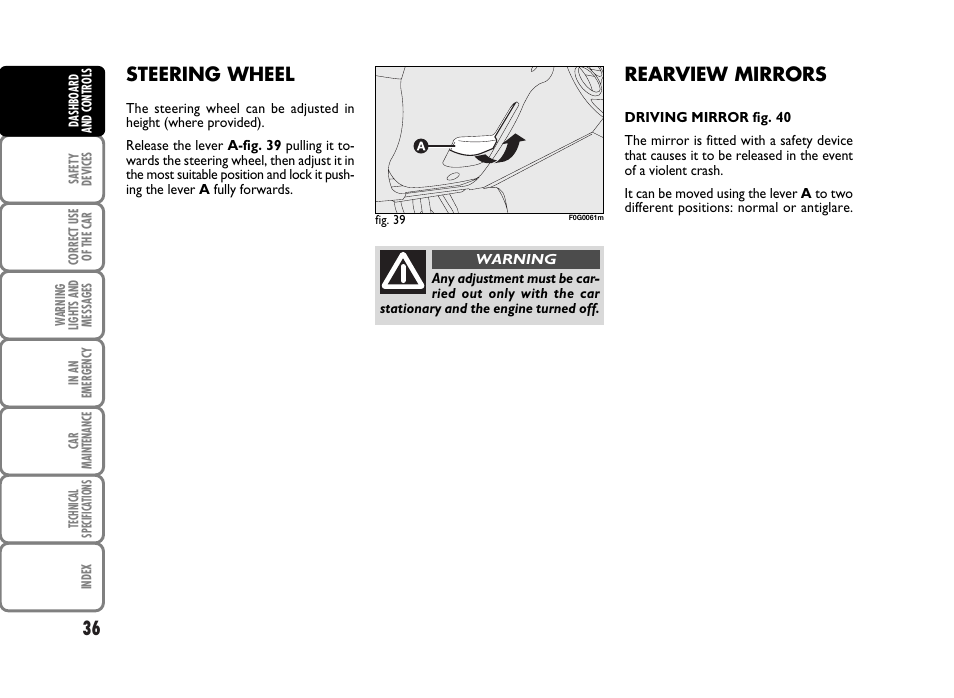 Rearview mirrors, Steering wheel | FIAT Panda Classic User Manual | Page 38 / 207